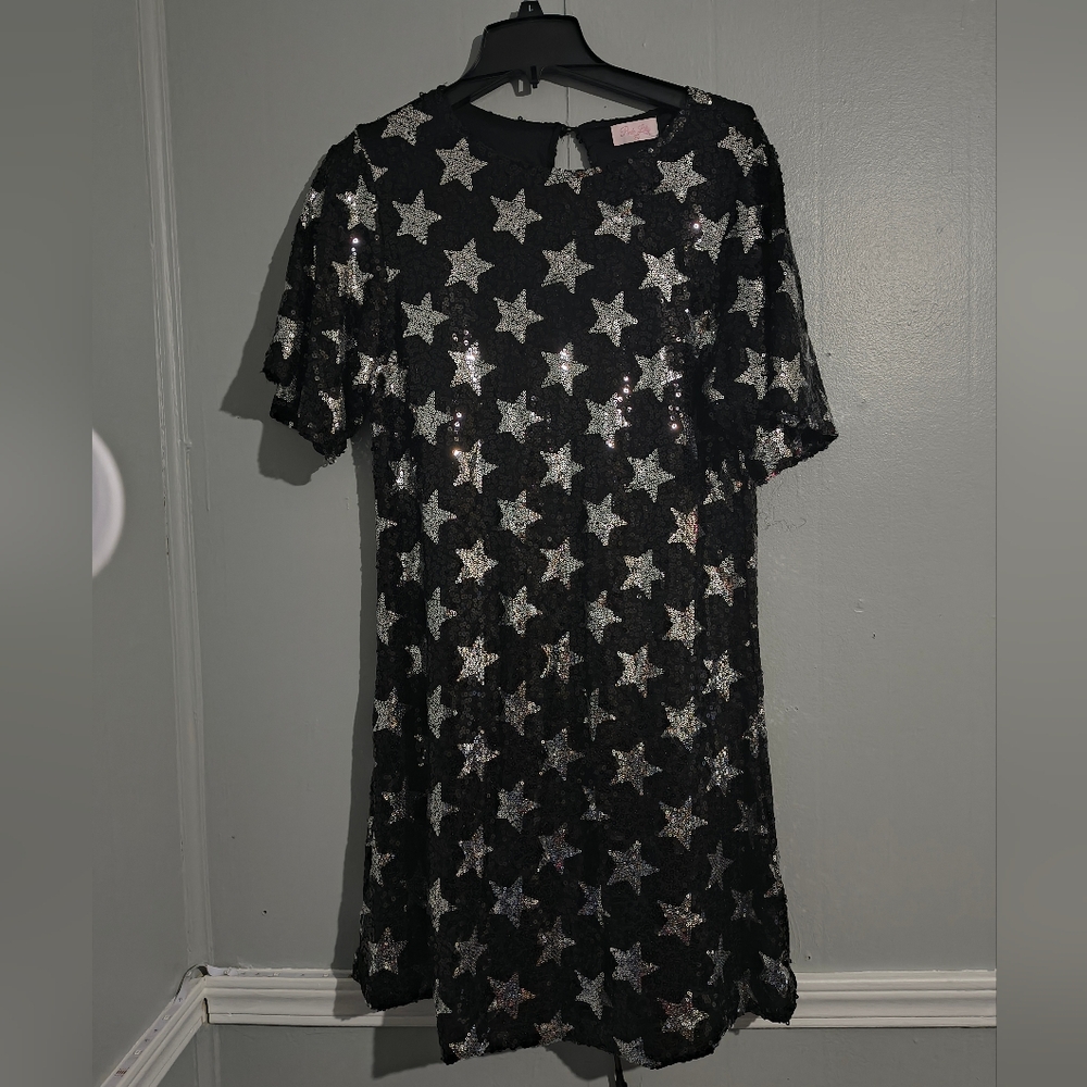Pink Lily XL Sequin Black Dress with Silver Stars T-shirt Style Party Holiday